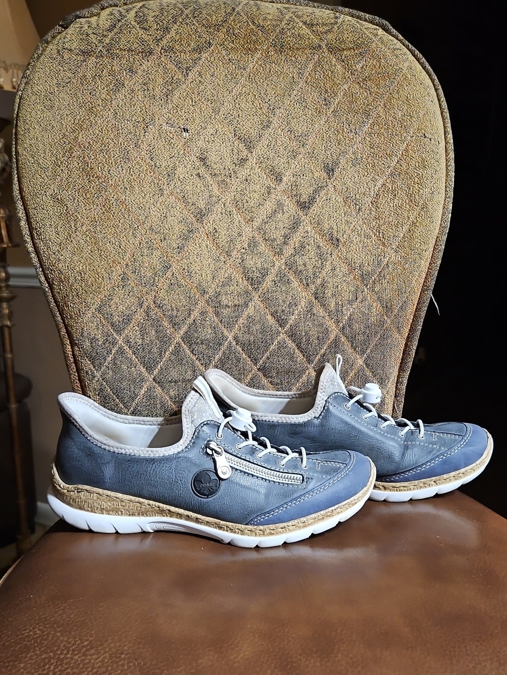 Rieker N42F2 Nikita Slip On Sneakers Walking Shoes Blue Tan White Leather